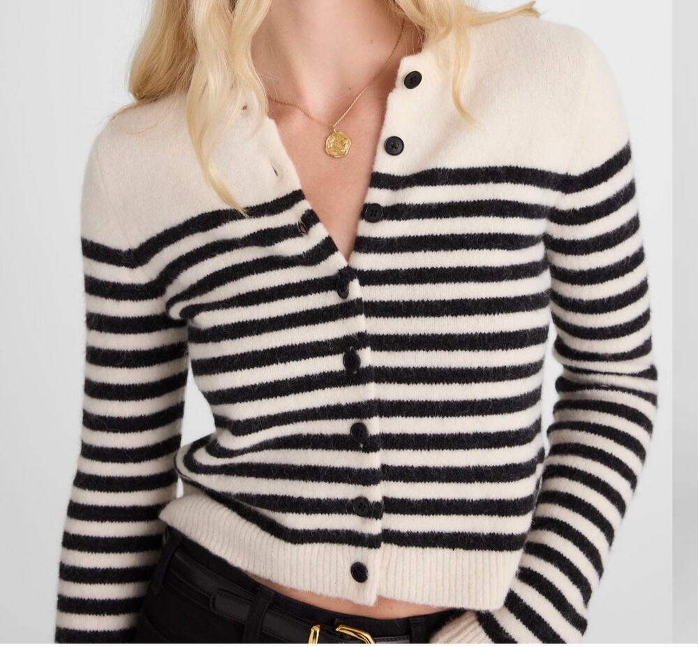New Madewell Cloudsoft Shrunken Cardigan NY531 Black Cream Wool Alpaca Size L